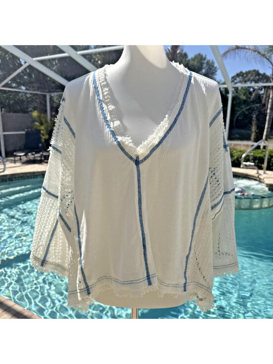 POL Tops - NWOT Oversized Lightweight White Pullover V-neck Top L Large Blue Stitching